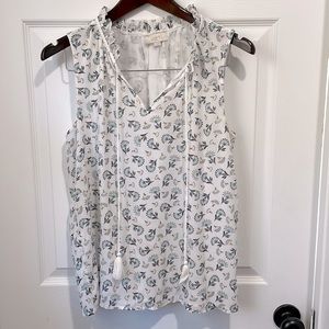 LOFT Sleeveless Woven Shell w/Tassels White Floral Print